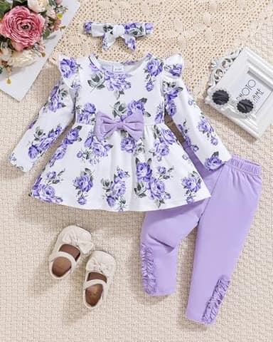 2T Girl Clothes 3T Toddler Girl Clothes Baby Girl Outfits Fall Cute Ruffle Shirt Top Floral Pants Set Infant Winter Clothes for Little Girls Purple - Image 2