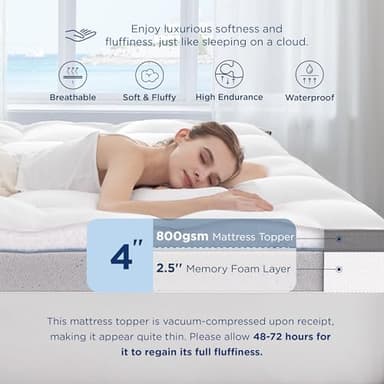Bedsure 4 Inch Memory Foam Queen Mattress Topper, Dual Layer 2.5 Inch Gel Memory Foam & 800 GSM Waterproof Pillow Top Cooling Mattress Pad with 8-21 Inch Deep Pocket (Queen, 60x80 Inches) - Image 2