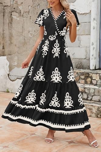 PRETTYGARDEN Womens 2025 Summer Casual V Neck Boho Maxi Dress Flowy Aline Bell Sleeve Tiered Floral Dresses with Pocket (Floral Black White,X-Large) - Image 7