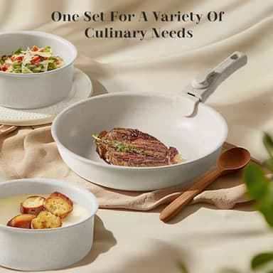 Sweetcrispy 12 pcs Pots and Pans Set, Nonstick Kitchen Induction Cookware Suit with Detachable Handle, Dishwasher Oven Safe, Milky White - Image 3
