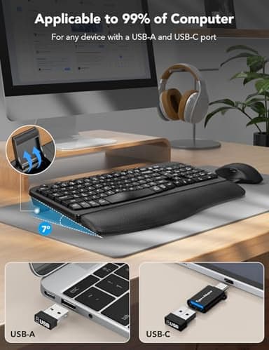 Wireless Keyboard and Mouse Combo – Ergonomic Wave Key, Built-in Leather Soft Palm Rest, 2.4G Full Size, 8 Hotkeys, 6-Button Mouse with 4-Level DPI, Dual USB-A/USB-C, Windows & macOS Compatible - Image 4