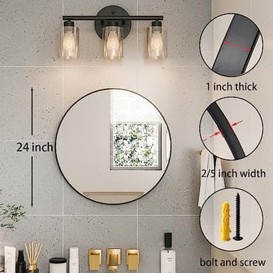 Growsun Black Round Mirror 24 inch, Wall Mounted Circle Mirror, Metal Framed Mirror for Bathroom Vanity, Bedroom Home Decor Mirros - Image 2