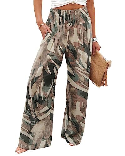 Angerella Women's Loose Fit Palazzo Pants for Work Casual High Waist Stretchy Wide-Leg Trousers with Pockets BrownGreen XL - Image 1