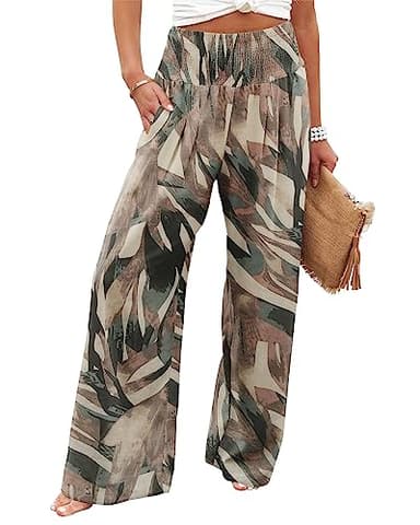 Angerella Women's Loose Fit Palazzo Pants for Work Casual High Waist Stretchy Wide-Leg Trousers with Pockets BrownGreen XL - Image 1