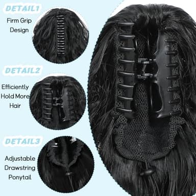 Ponytail Extension, Claw Clip on Pony tails Hair Extension for Women 28 Inch Long Wavy Curly Fake Ponytail Clip in Hair Pieces for Women Fluffy Natural Looking (Black, 28 Inch) - Image 3