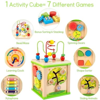 Wooden 7-in-1 Activity Cube| Montessori Toys for 1 2 3 Year Old Toddlers| Baby Educational Developmental Toys |One Year Old Boys Girls First Birthday Gifts |Bonus Sorting & Stacking Board - Image 2
