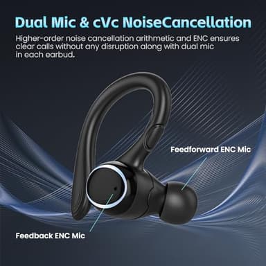 Catitru Wireless Earbuds Bluetooth 5.3 Headphones Stereo Ear Buds, ENC Noise Cancelling Mic,IPX7 Waterproof Earphones with Hook for Android iOS Smart Phone Laptop Computer Sports - Black - Image 2