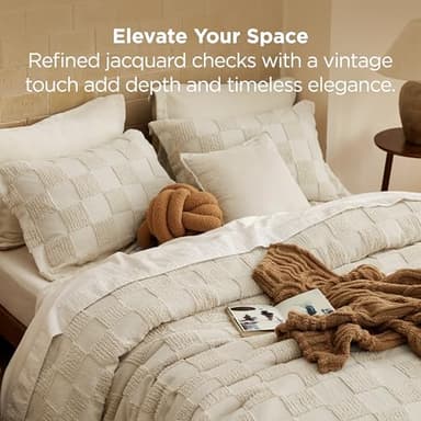 Bedsure King Size Comforter Set Beige, Boho Tufted Bed Set, Checkered Farmhouse Shabby Chic Bedding, 3 Pieces, 1 Plaid Geometric Comforter and 2 Pillow Shams - Image 3