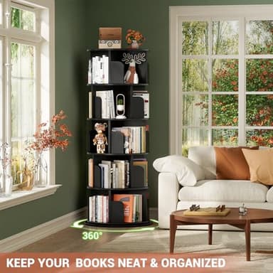 Besiost Rotating Bookshelf Tower, 5 Tier Spinning Bookcase, Revolving 360 Book Shelf Narrow Tall Bookcase, Vertical Turning Round Bookshelf Organizer, Wood Corner Book Shelf for Small Space, Black - Image 5
