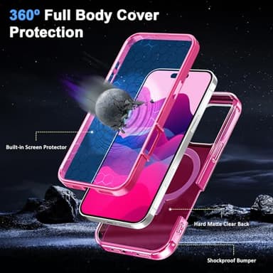 Turquiase for iPhone 16 Pro Max Full Body Shockproof Case with Magnetic Invisible Stand [Compatible with MagSafe] Built-in Screen Protector Military Drop ProtectionTranslucent Phone Cover -Hot Pink - Image 4