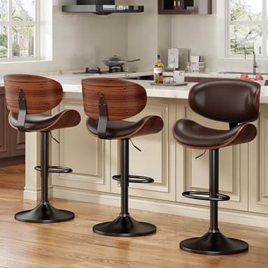 YaFiti Swivel Bar Stools for Kitchen Counter, Adjustable Bentwood Barstools, Modern PU Leather Upholstered Bar Stool with Back and Footrest, for Bar, Kitchen, Dining Room (Brown 1PCS) - Image 3