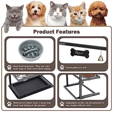 Elevated Slow Feeder Dog Bowls - Raised for Large Dogs, Adjustable Height, 2 Stainless Steel Bowls, Spill Proof Mat, Grey - Image 5
