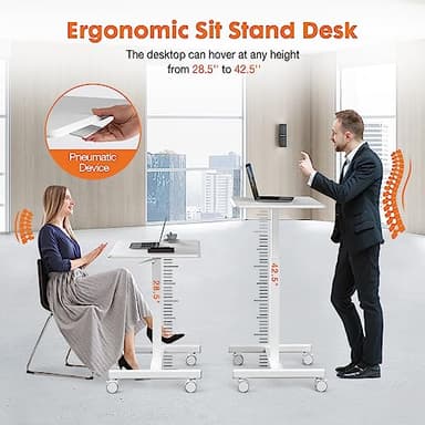 Sweetcrispy Small Mobile Standing Desk, Rolling Laptop Computer Carts, Portable Laptop Desk with Wheels, Adjustable Height Table for Home Office, White - Image 4