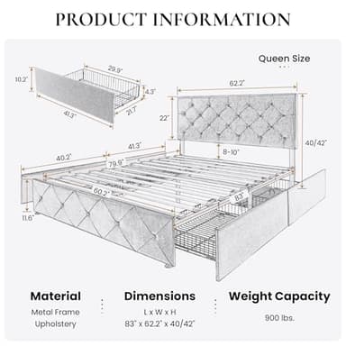 SHA CERLIN Upholstered Queen Size Platform Bed Frame with 4 Storage Drawers, Adjustable Headboard with Diamond Stitched Button Tufted Design, Wooden Slat Support, No Box Spring Needed, White - Image 2