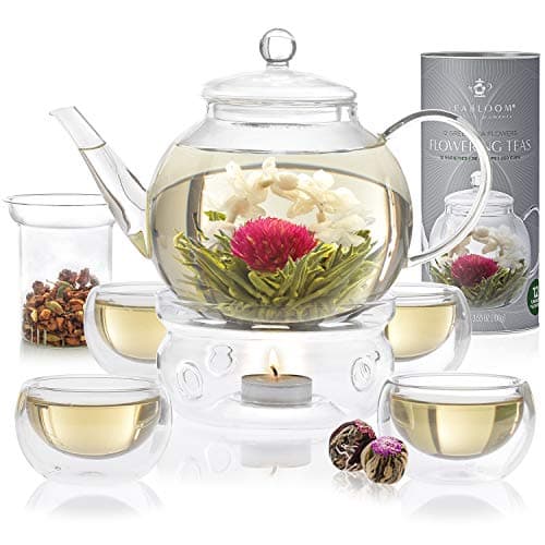Teabloom Complete Tea Set – Glass Teapot (40 oz), Loose Tea Glass Infuser, 4 Insulated Glass Teacups, Tea Warmer, and 12 Flowering Teas – Elegant Blooming Tea Gift Set - Image 1