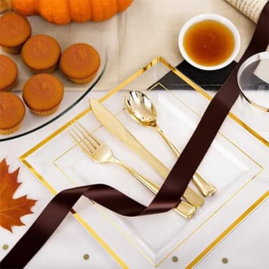 Festiva 350Pcs Clear Plastic Plates with Gold rim - Clear Gold Disposable Dinnerware for 50 Guests include 100 Square Plastic Plates 50Cups 50Cutlery 50Napkins Perfect for Thanksgiving Party&Wedding - Image 5