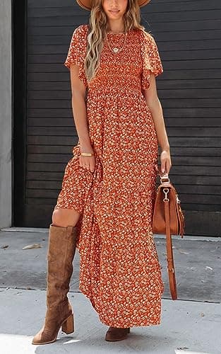 PRETTYGARDEN Women's Summer Casual Boho Dress Floral Print Ruffle Flutter Short Sleeve High Waist Maxi Beach Dresses (Orange,X-Large) - Image 2