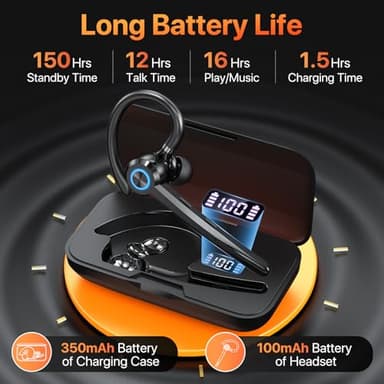 PRTRFLC Bluetooth Headset with Microphone,V5.4 Bluetooth Earpiece with Charing Case 150H Standby Time Hands Free Headset with Noise Canceling for Work Business Office Trucker(Black) - Image 2