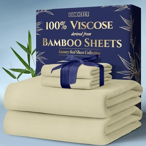 DECOLURE 100% Viscose Derived from Bamboo Sheets Queen Size 4pcs - Ultra Soft & Luxuriously Cooling, 17" Deep Pocket, Double Stitching, Perfect for Hot Sleepers - Queen Bed Sheets (Creme) - Image 1