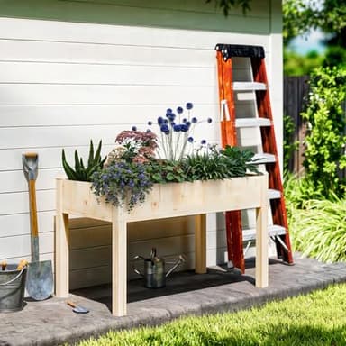 DUMOS Raised Garden Bed with Legs, 48x24x30in Wood Elevated Planter Box w/Bed Liner for Herbs Flowers Vegetables, 300lbs Capacity Outdoor Gardening Planters for Patio Balcony Backyard, Natural Wood - Image 6
