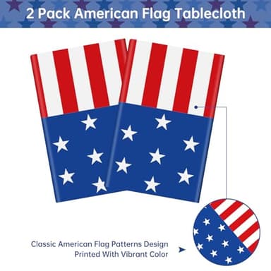 2 Pack 4th of July Tablecloth - Patriotic American Flag Table Cloth, Plastic Disposable Rectangle USA Star Stripe Table Cover for Memorial day, Fourth of July Independence Day Decorations, 54" x 108" - Image 4