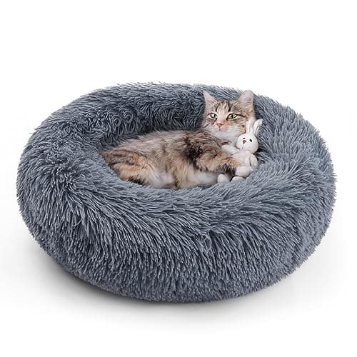 rabbitgoo Cat Beds for Indoor Cats, 20 inches Cat Bed Machine Washable, Fluffy Round Pet Bed Non-Slip, Calming Soft Plush Donut Cuddler Cushion Self Warming for Small Dogs Kittens, Dark Grey, Medium - Image 1