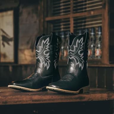 Lumeheel Cowboy Boots for Men - Western Square Toe Men's Black Boots with White Classic Embroidered, Slip on Chunky Heel for Spring Fall 8M - Image 4