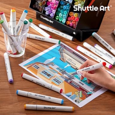 Shuttle Art 121 Colors Alcohol Markers, 120 Colors Dual Tip Art Marker Set Plus 1 Colorless Blender with Marker Case Perfect for Illustration Students Adult Coloring Sketching - Image 6