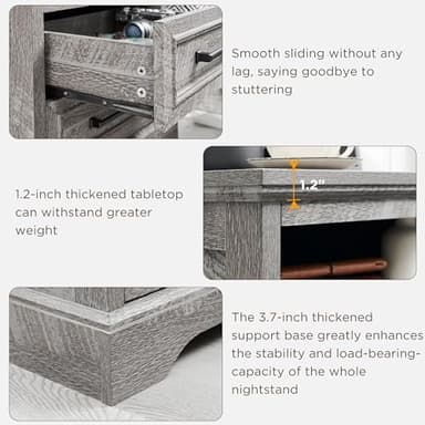 ACCOHOHO 18" Farmhouse Nightstand with Charging Station,End Table with 2 Drawers Storage,Side Table,Bedside Cabinet for Bedroom,Living Room,Grey - Image 4