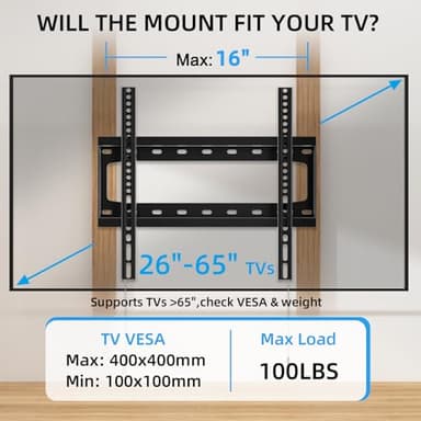 HOME VISION TV Wall Mount Fixed for Most 26-65 Inch Flat/Curved TVs with Max VESA 400X400mm up to 99Lbs Fits 16 Inch Wood Studs, Universal Low Profile Wall Mount TV Bracket, Space Saving HV8401 - Image 2