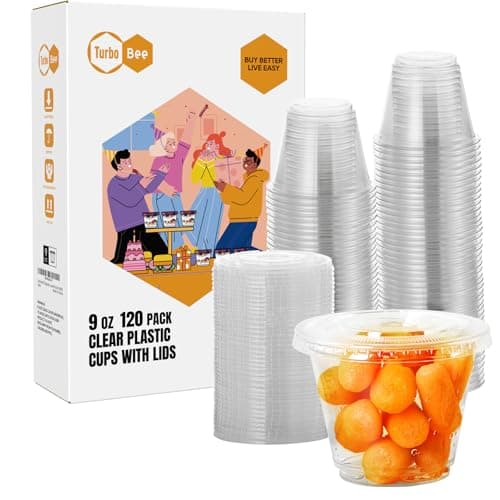 Turbo Bee 120 Pack 9 OZ Clear Plastic Cups with Flat Lids, Disposable Dessert Cups with Lids for Fruit, Snack Smoothie, Pudding and Ice Cream (No Hole) - Image 1