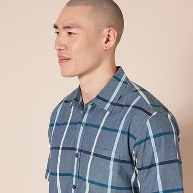 Amazon Essentials Men's Regular-Fit Short-Sleeve Poplin Shirt, Denim Large Plaid, X-Large - Image 4