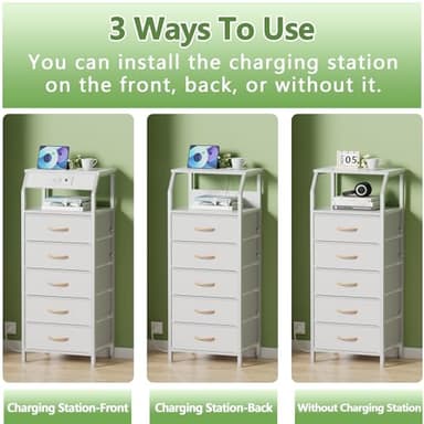 Furnulem 5 Drawers Dresser with Charging Station, Tall Night Stand with Open Shelf, Storage Tower with PVC & Fabric Drawer, Bedside Table for Bedroom, Closet, Entryway, 3 Ways to Use, White - Image 6