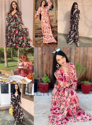 BLENCOT Women's Casual Boho Solid Color Deep V Neck Loose Long Sleeve Long Evening Dress Ruched Cocktail Party Maxi Wedding Dress Black X-Large - Image 6