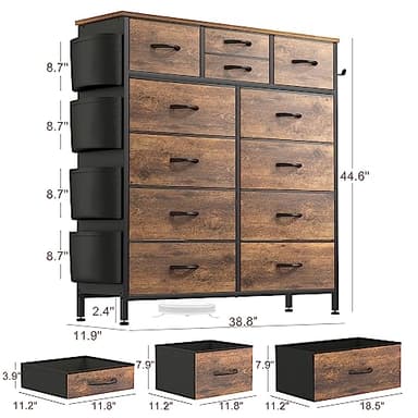 Lulive Dresser for Bedroom with 12 Drawers, Tall Dresser Chest of Drawers with Side Pockets and Hooks, Fabric Dresser Storage Tower for Closet, Hallway, Living Room (Rustic Brown) - Image 3