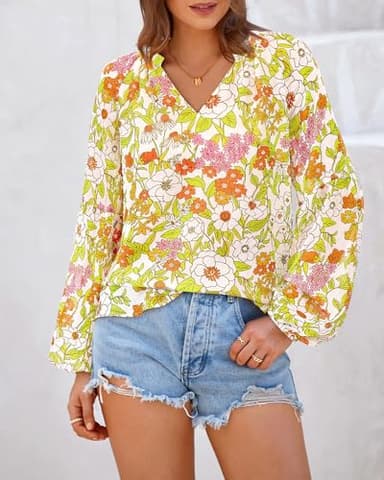 BTFBM Blouses for Women Dressy Casual Floral Boho Tops Trendy V Neck Lightweight Long Sleeve Shirts Fall Clothes 2025(Floral Yellow, Large) - Image 2
