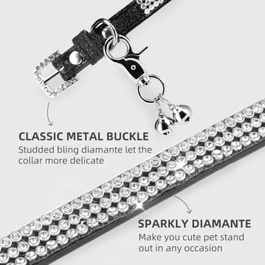 PUPTECK Basic Adjustable Cat Collar with Bling Diamond and Double Bells, for Kitten and Small Puppy, Fashion and Shining Dog Rhinestone Collars, 8-10in, Black - Image 3