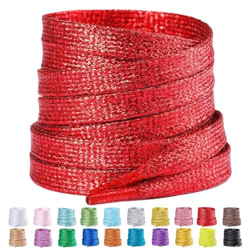 Booyckiy 2 Pairs Flat Glitter Metallic Sparkly Shoe Laces for Sneakers, 5/16" Wide in 31"-63" Colorful Shiny Shoelaces Replacement Fashion Shoe Strings, Red, 47inch (120cm) - Image 1