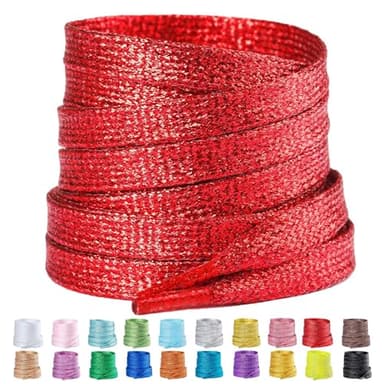 Booyckiy 2 Pairs Flat Glitter Metallic Sparkly Shoe Laces for Sneakers, 5/16" Wide in 31"-63" Colorful Shiny Shoelaces Replacement Fashion Shoe Strings, Red, 47inch (120cm) - Image 1