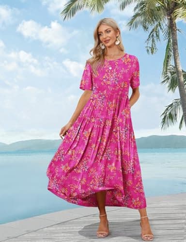 YESNO Women Casual Loose Bohemian Floral Dress with Pockets Short Sleeve Long Maxi Summer Beach Swing Dress 2XL EJF CR26 Pink - Image 2