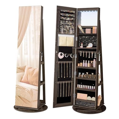 SONGMICS 6 LEDs Lockable Mirror Jewelry Cabinet, 360° Swivel Jewelry Organizer Armoire Standing, Frameless Full-Length Mirror, 3 Storage Shelves, Ash Brown Surface, Black Lining UJJC007K02 - Image 1