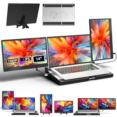 AOKER Laptop Triple Screen Extender - 14" Monitor IPS FHD 1080P HDMI USB-C Detachable Portable Display for 12-17.3 Inch Laptops Compatible with Windows Mac Chrome Surface Metal Base Travel Work Setup - Image 1