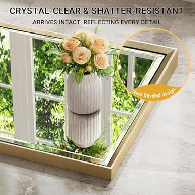QueenFun Gold Bathroom Mirror, 24x32 Brushed Gold Bathroom Mirror Beveled Edge, Gold Framed Rectangle Bathroom Vanity Mirror, Anti-Rust Brushed Brass Metal Frame Wall Mirror Vertical/Horizontal - Image 3
