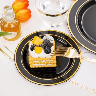 GATHER 350PCS Black Plastic Plates-Disposable Dinnerware Set Include 100PCS Black and Gold Plastic Plates, 150 Silverware, 50 Napkins, 50 Cups Perfect for Party & Wedding & Halloween - Image 9