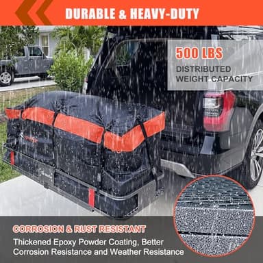 MeeFar Folding Hitch Mount Cargo Carrier Basket 60" X 20" X 6"+Waterproof Cargo Bag 16 Cubic Feet(58" 19" 24"),Hauling Weight Capacity of 500 Lbs and A Folding Arm.with Hitch Stabilizer,Net and Straps - Image 6