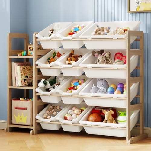 Toy Storage Organizer - Toy Organizers and Storage with Bookshelf, Toy Storage Shelf with 3 Shelves and 12 Storage Bins, Kids Bookshelf and Toy Storage for Kids Room, Playroom, Bedroom, Nursery, White - Image 1