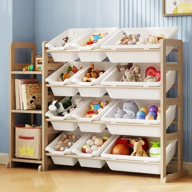 Toy Storage Organizer - Toy Organizers and Storage with Bookshelf, Toy Storage Shelf with 3 Shelves and 12 Storage Bins, Kids Bookshelf and Toy Storage for Kids Room, Playroom, Bedroom, Nursery, White - Image 1