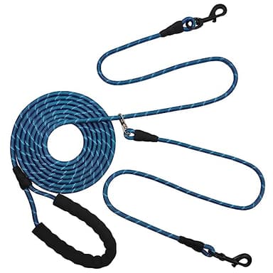 BTINESFUL 12ft/20ft/32ft Long Dog Leash for 2 Dogs, No Tangle 1/3inch Reflective Dual Leash Long Lead for Medium Small Breeds, Outside Walking Lead for Two Dogs Playing Recall Training (blue-32ft) - Image 1