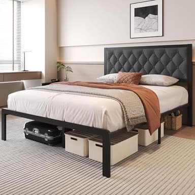 Fluest Queen Bed Frame with Headboard Linien Upholstered Bed Frame Platform,All Metal Slats Support Platform Bed Frame with Storage Space,Easy Assembly,Noise Free,No Box Spring Needed,Grey - Image 3