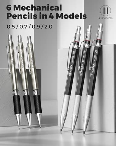 STAGEEK 34PCS Art Mechanical Pencil Set, Drafting Pencil 0.5, 0.7, 0.9MM & 3PCS 2.0MM Mechanical Drawing Pencils with 384PCS Leads (6B 4B 2B HB 2H 4H Color) for Artist Sketching Drawing - Image 2